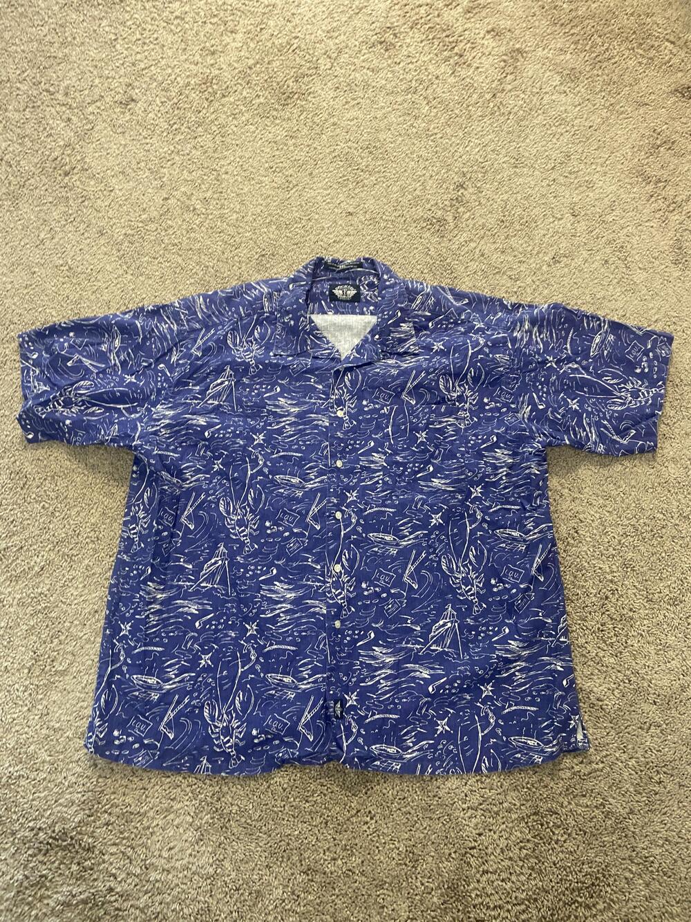 Dockers Shirt Mens 2XL Blue Nautical Print Hawaiian Short Sleeve Linen Button Up